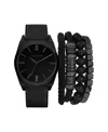 American Exchange Men's Black Leather Strap Analog Watch 42mm With Stackable Bracelets Gift Set In Black