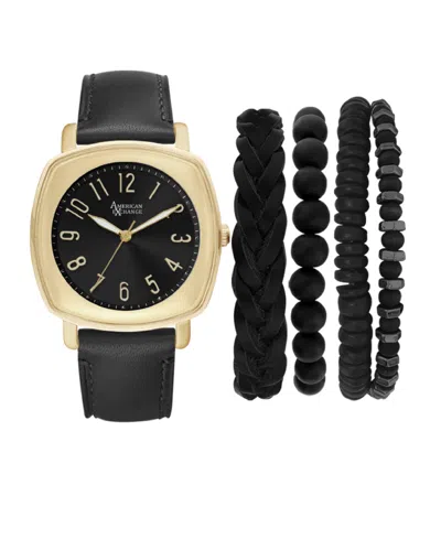 American Exchange Men's Black Leather Strap Analog Watch 46mm With Stackable Bracelets Gift Set