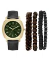 American Exchange Men's Black Leather Strap Analog Watch 46mm With Stackable Bracelets Gift Set In Black,green