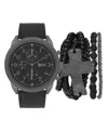 American Exchange Men's Black Leather Strap Analog Watch 51mm With Stackable Bracelets Gift Set In Black