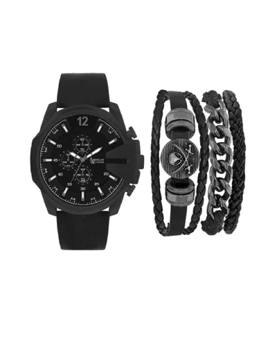 American Exchange Men's Black Leather Strap Analog Watch 52mm With Stackable Bracelets Gift Set