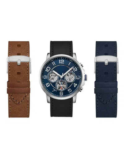 American Exchange Men's Black Leather Strap Watch 44mm Gift Set