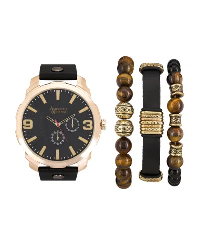 American Exchange Men's Black/gold Analog Quartz Watch And Holiday Stackable Gift Set In Multi