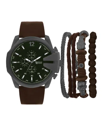 American Exchange Men's Brown Leather Strap Analog Watch 52mm With Stackable Bracelets Gift Set