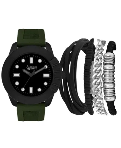 American Exchange Men's Olive Silicone Strap Analog Watch 48mm With Stackable Bracelets Gift Set