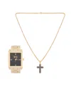 American Exchange Men's Shiny Gold Tone Metal Alloy Analog Watch 36mm With Cross Pendant Necklace Gift Set In Gold