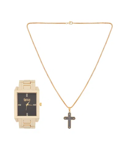 American Exchange Men's Shiny Gold Tone Metal Alloy Analog Watch 36mm With Cross Pendant Necklace Gift Set