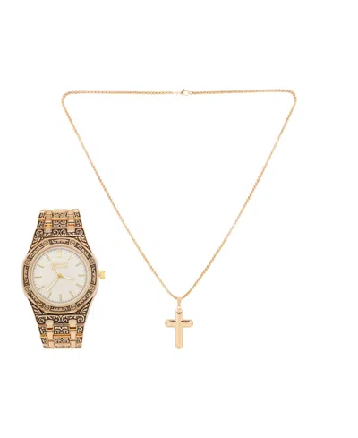 American Exchange Men's Shiny Gold Antique Metal Alloy Analog Watch 41.5mm With Cross Pendant Necklace Gift Set