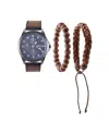 American Exchange Men's Quartz Movement Brown Leather Analog Watch, 47mm And Stackable Bracelet Set With Zippered Pouc In Brown,matte Black