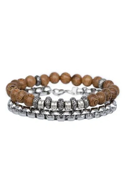 American Exchange Set Of 2 Beaded Stretch Bracelet & Box Chain Bracelet In Beige/silver