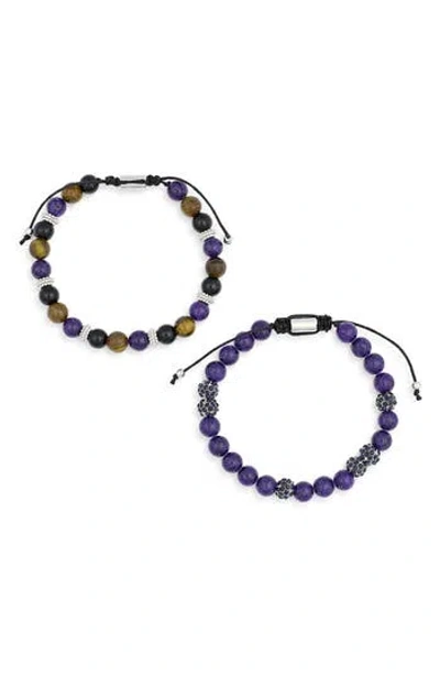 American Exchange Set Of 2 Beaded Stretch Bracelets In Silver/blue/brown