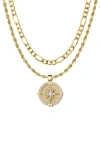 American Exchange Set Of 2 Figaro Chain & Compass Pendant Necklaces In Gold/silver