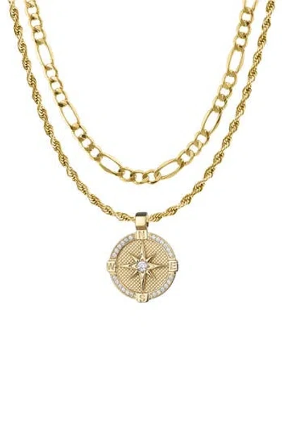 American Exchange Set Of 2 Figaro Chain & Compass Pendant Necklaces In Gold/silver