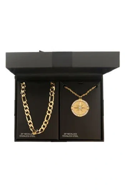 American Exchange Set Of 2 Figaro Chain & Compass Pendant Necklaces In Gold