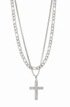 American Exchange Set Of 2 Figaro Chain & Pavé Crystal Cross Pendant Necklaces