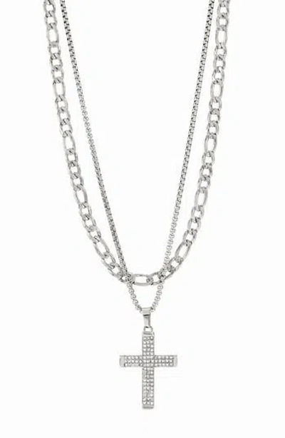 American Exchange Set Of 2 Figaro Chain & Pavé Crystal Cross Pendant Necklaces
