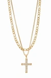 American Exchange Set Of 2 Figaro Chain & Pavé Crystal Cross Pendant Necklaces