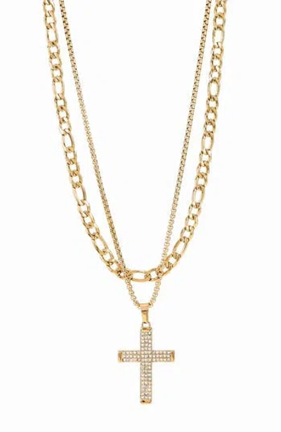 American Exchange Set Of 2 Figaro Chain & Pavé Crystal Cross Pendant Necklaces