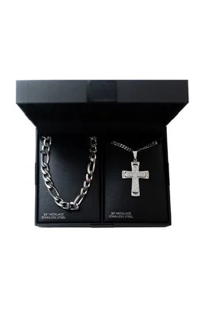 American Exchange Set Of 2 Figaro Chain & Pavé Crystal Cross Pendant Necklaces In Metallic