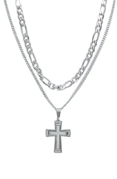 American Exchange Set Of 2 Figaro Chain & Pavé Crystal Cross Pendant Necklaces In Silver/silver