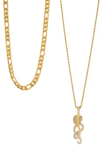 American Exchange Set Of 2 Figaro Chain & Snake Pendant Necklace In Gold/gold