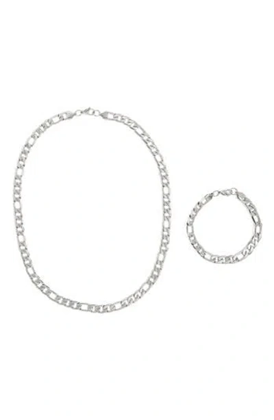 American Exchange Stainless Steel Figaro Chain Necklace & Bracelet Set In Silver/silver