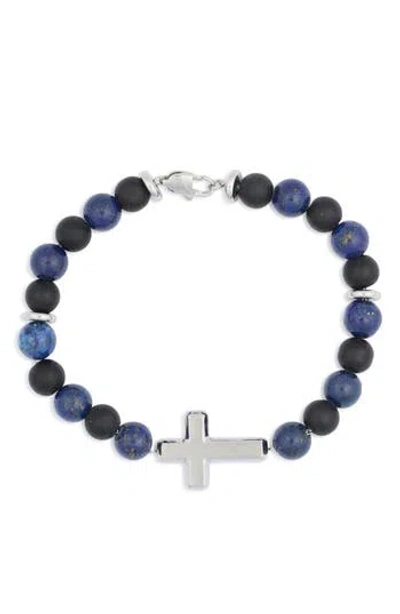 American Exchange Stainless Steel Stone Beaded Cross Bracelet In Blue