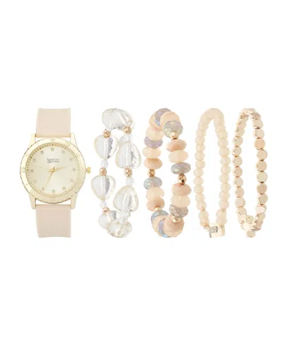 AMERICAN EXCHANGE WOMEN'S MATTE BEIGE SILICONE STRAP ANALOG WATCH 38MM WITH STACKABLE BRACELETS GIFT SET