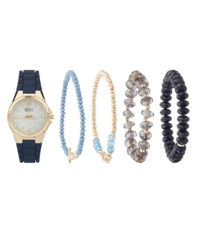 American Exchange Women's Navy Silicone Strap Analog Watch 35mm With Stackable Bracelets Gift Set