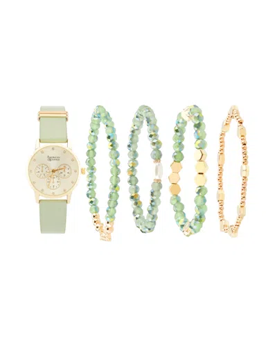 American Exchange Women's Sage Green Polyurethane Leather Strap Analog Watch 32mm With Stackable Bracelets Gift Set