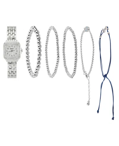 American Exchange Women's Shiny Silver Metal Alloy Band Analog Watch 26mm With Stackable Bracelets Gift Set