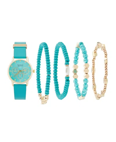 American Exchange Women's Turquoise Polyurethane Leather Strap Analog Watch 32mm With Stackable Bracelets Gift Set