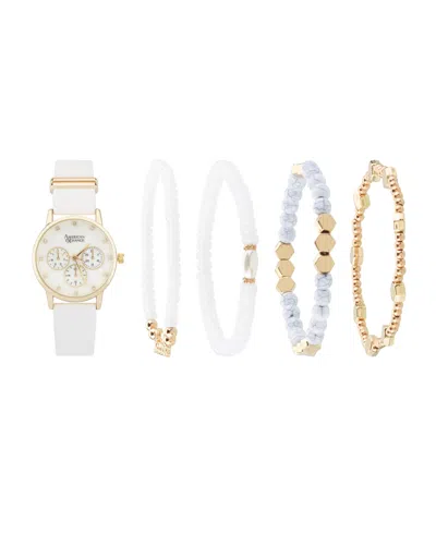 American Exchange Women's White Patent Polyurethane Leather Strap Analog Watch 32mm With Stackable Bracelets Gift Set