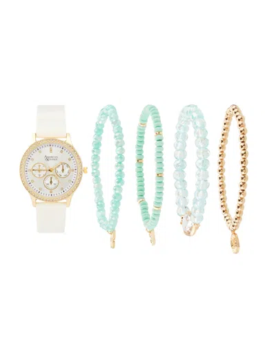 American Exchange Women's White Polyurethane Leather Strap Analog Watch 38mm With Stackable Bracelets Gift Set