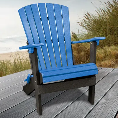 American Furniture Classics Os Home And Office Model 519bbk Fan Back Folding Adirondack Chair In Blue With A Black Base, Made In