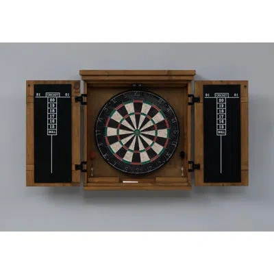 American Heritage Gateway Bristle Dartboard Cabinet Set - Solid Pine Wood With Metal Straps, Scoreboard, Dart Storage  In Brown