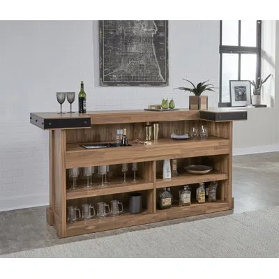 American Heritage Knoxville Bar – Solid Acacia Wood With Matte Black Hardware, Stone Cutting Surface, Ice Bucket & Amp In Brown