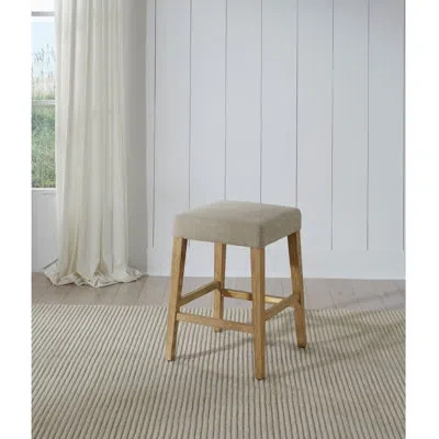 American Heritage Port Royal Upholstered Counter Stool - Sahara Sand Linen Seat With White Oak Frame & Brass Foot Plat