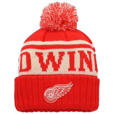 American Needle Red/white Detroit Red Wings Pillow Line Cuffed Knit Hat With Pom
