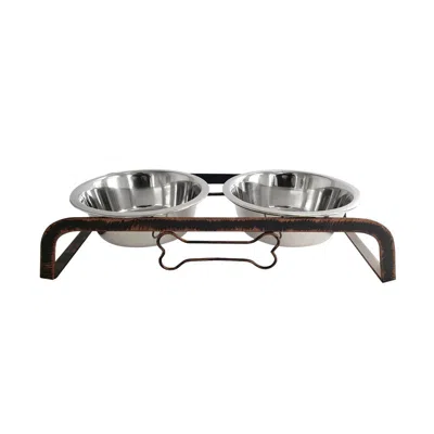 American Pet Supplies Country Living Elevated Rustic Design Dog Bone Feeder With 2 Stainless Steel Bowls In Brown