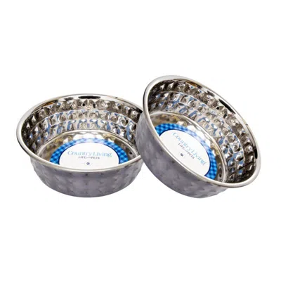American Pet Supplies Country Living Set Of 2 Black Pearl Eco-chic Hammered Stainless Steel Dog Bowls In Gray