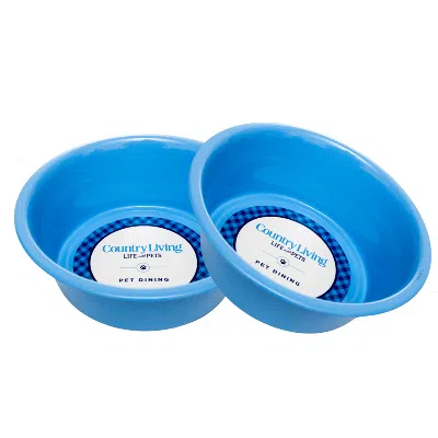American Pet Supplies Country Living Set Of 2 Non-slip Durable Powder Coated Stainless Steel Heavy Dog Bowls In Blue