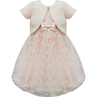 American Princess Kids' Flower Embroidered Dress & Faux Fur Bolero Jacket In Pink