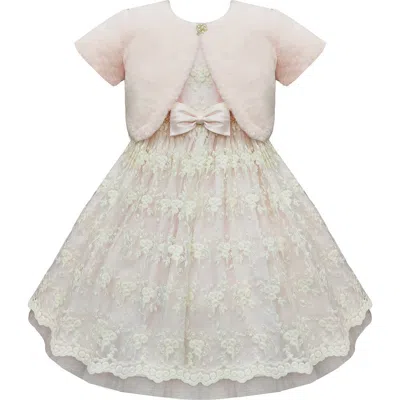 American Princess Kids' Flower Embroidered Dress & Faux Fur Bolero Jacket In Pink