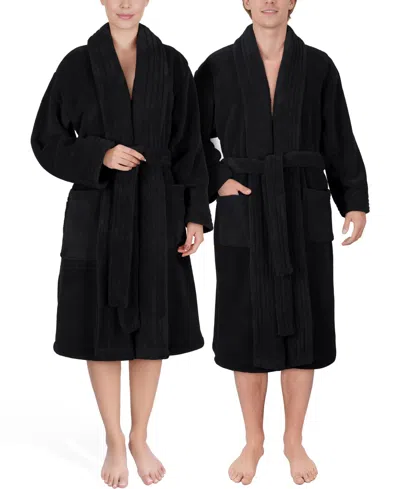American Soft Linen Unisex Luxury Hotel Spa Warm Shawl Collar Soft Plush Fleece Bath Robe In Black