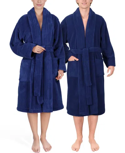 American Soft Linen Unisex Luxury Hotel Spa Warm Shawl Collar Soft Plush Fleece Bath Robe In Blue