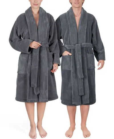 American Soft Linen Unisex Luxury Hotel Spa Warm Shawl Collar Soft Plush Fleece Bath Robe In Gray