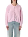 American Vintage Soft Knit Cardigan With Ribbed Cuffs And Hem In Pink