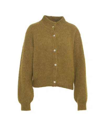 American Vintage High Collar Button-down Cardigan With Ribbed Cuffs In Brown