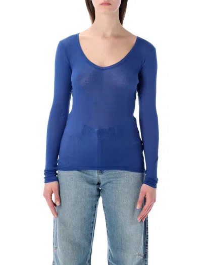 American Vintage Mini Ribbed V-neck T-shirt With Long Sleeves In Blue